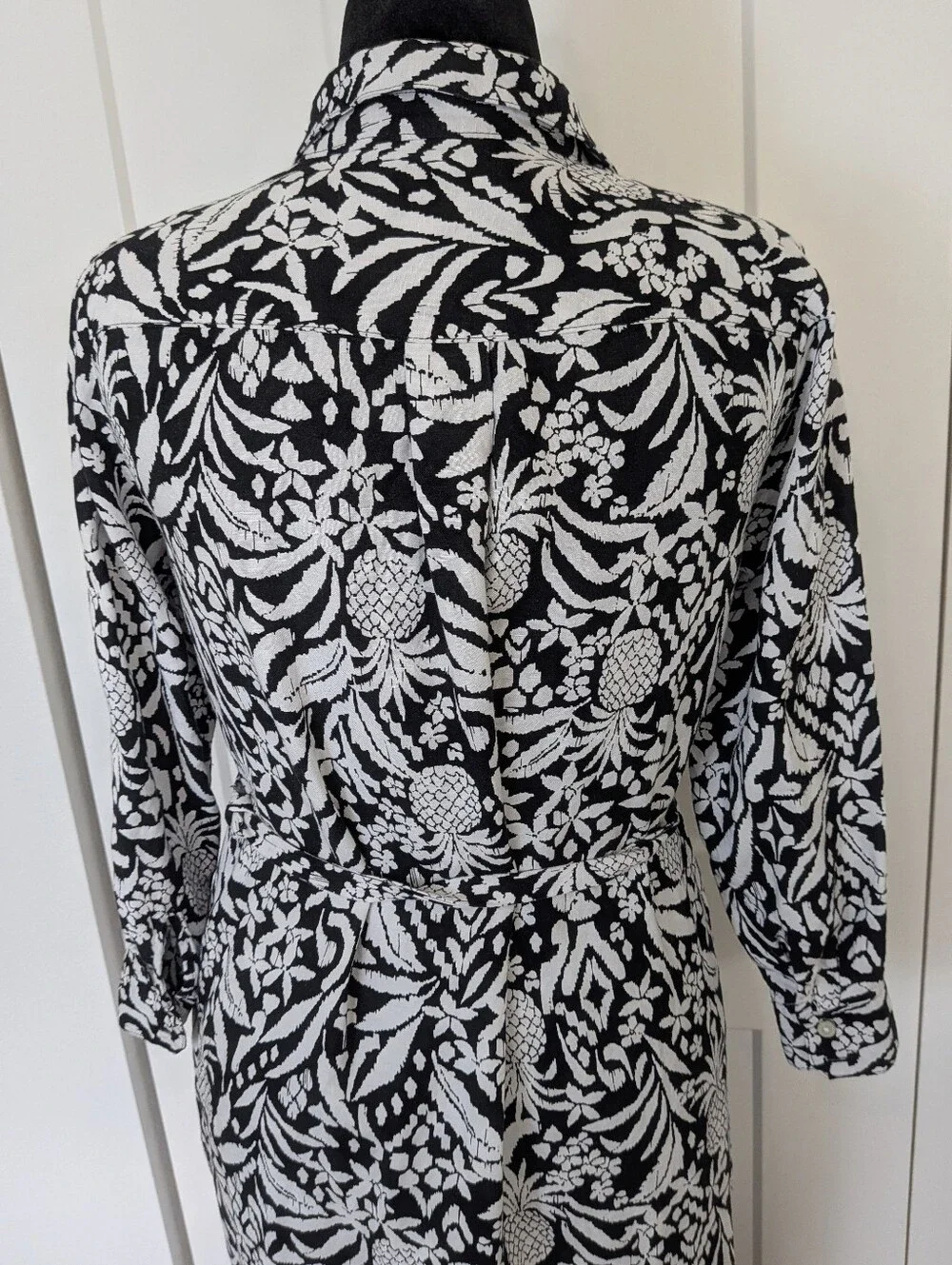 LOFT Linen Blend Maxi Shirt Dress Black & White Pineapple Sz 10 P Long Sleeve